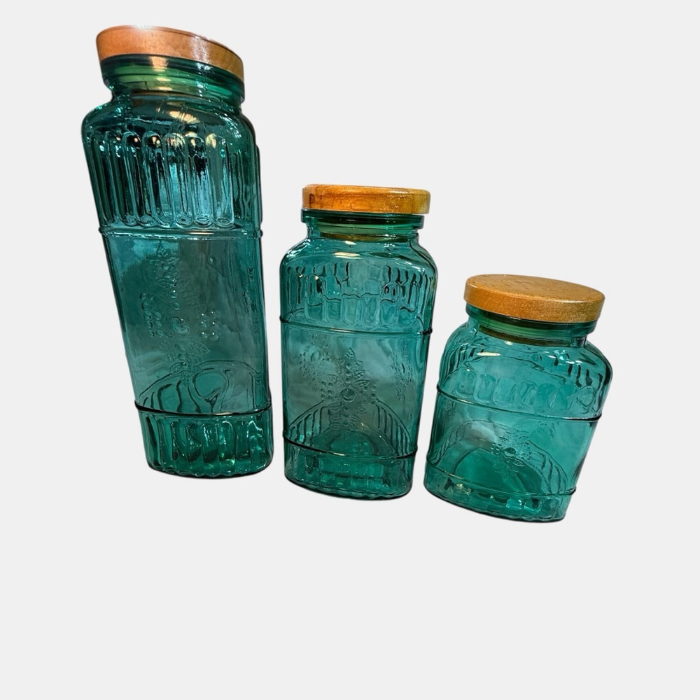 Vintage Turquoise Triangle Shaped Set Of Three Canister Set With Embossed Design - Picture 10 of 10